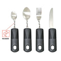 Stainless steel adaptive knife, fork, and spoon with black rubber handle for assisted eating.