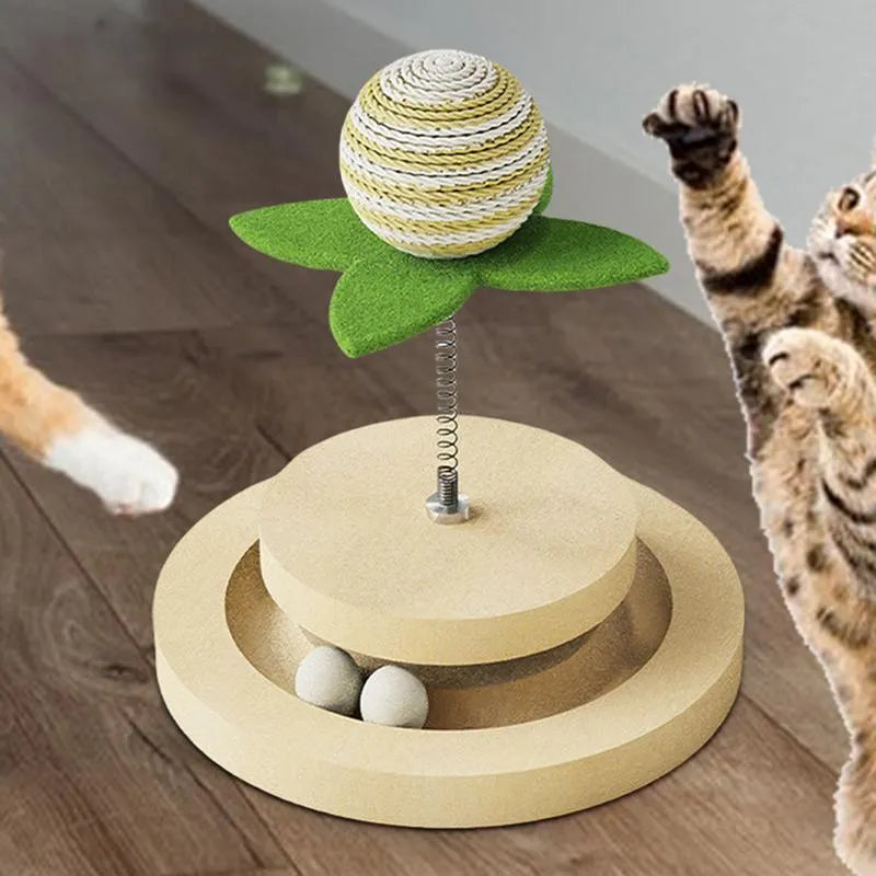 Green interactive cat toy centre with sisal scratching pad and multi-layer ball track.