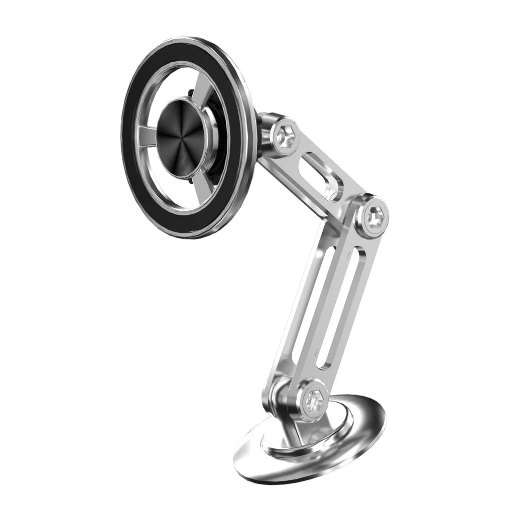 All-metal magnetic car phone holder in black, silver, gold, or rose gold with magnetic rings and adhesive pads
