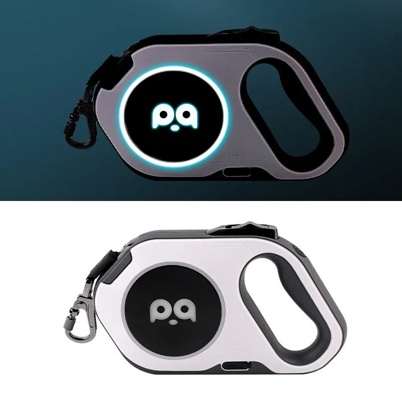 LED retractable dog leash 5m USB rechargeable in sky blue with ABS TPU PC silicone housing