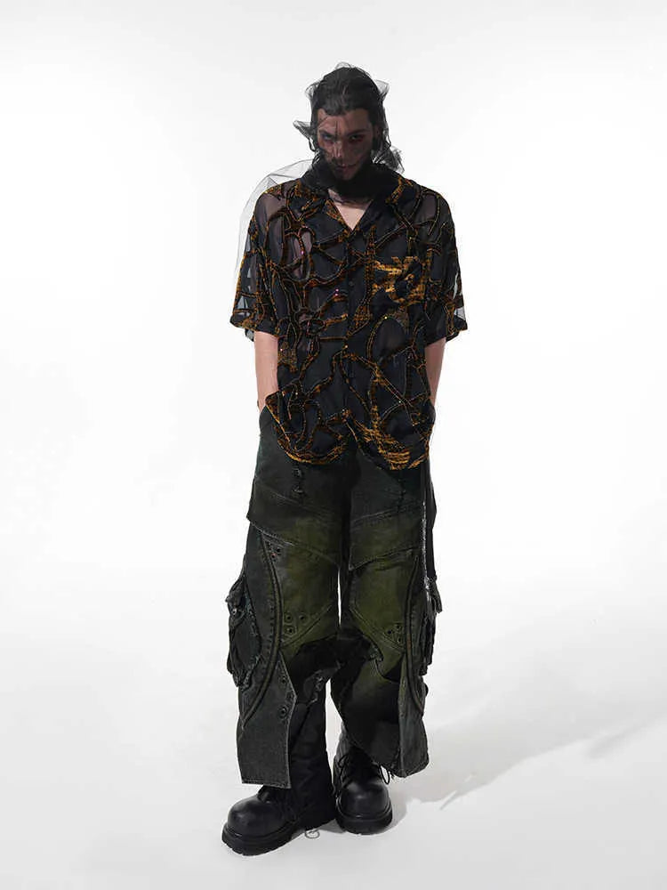 Men's black-grey translucent snake pattern short-sleeved shirt with lapel collar