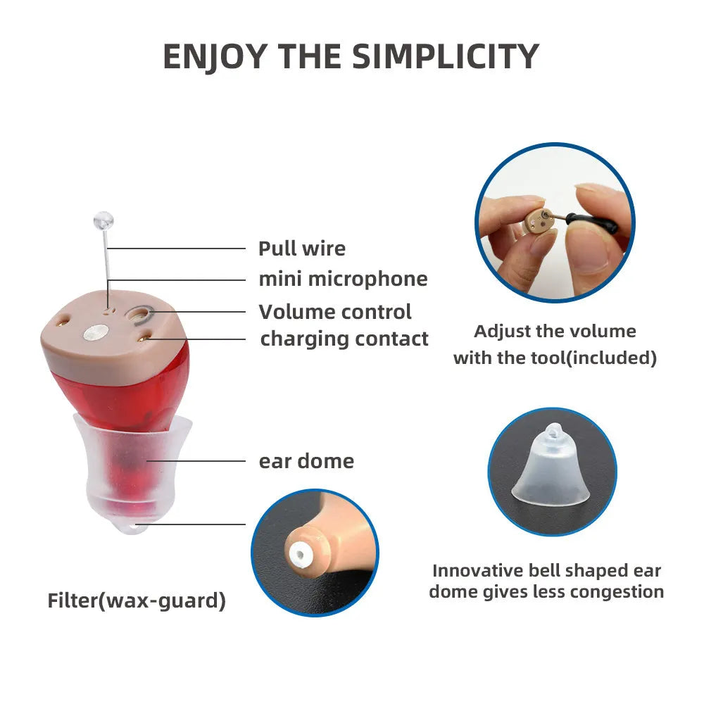 Beige rechargeable behind-the-ear hearing aid with magnetic charging dock and portable case.