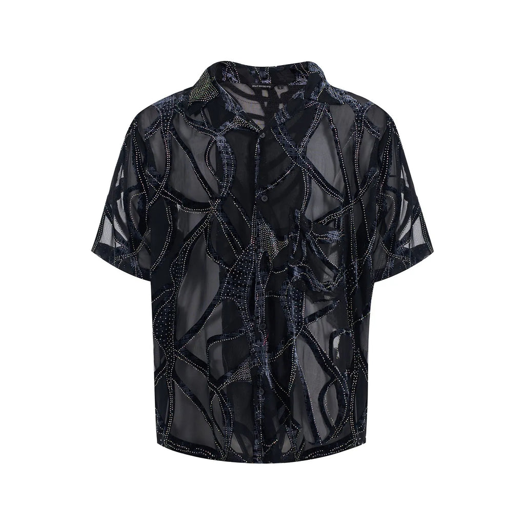 Men's black-grey translucent snake pattern short-sleeved shirt with lapel collar