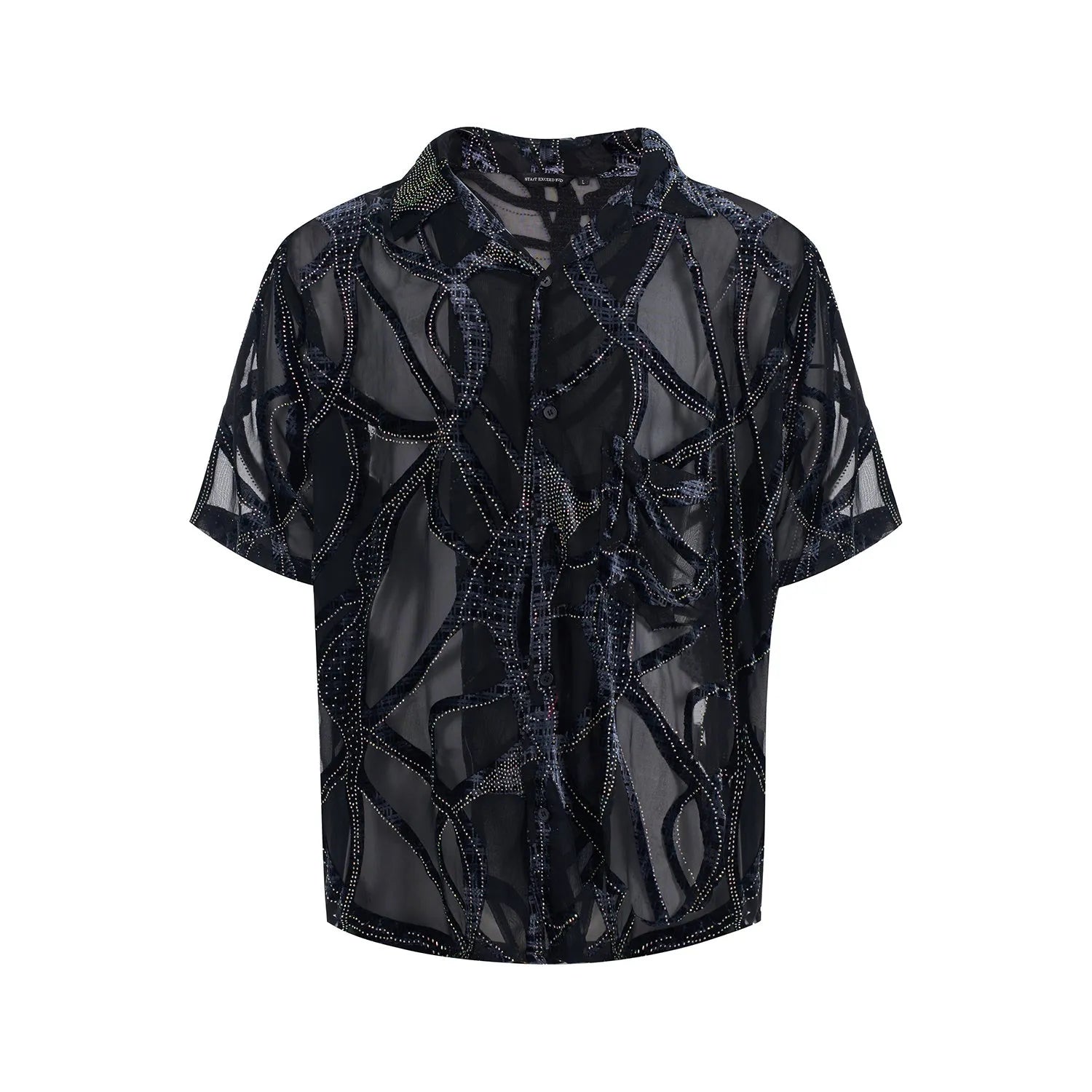 Men's black-grey translucent snake pattern short-sleeved shirt with lapel collar