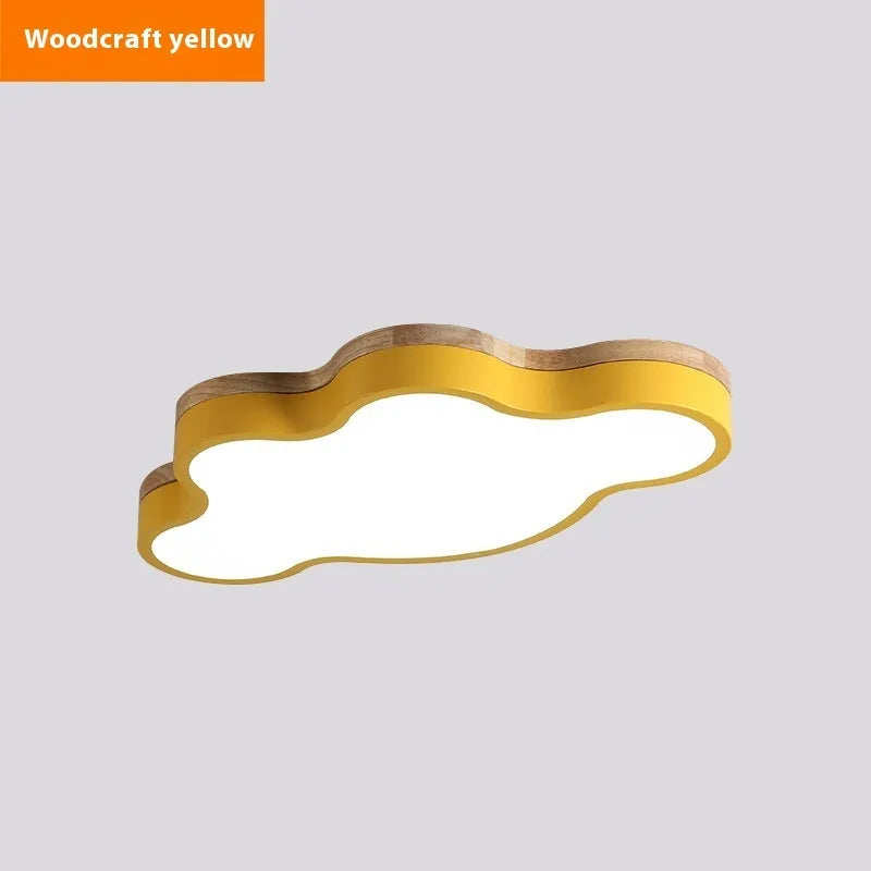 Modern wooden cloud-shaped LED ceiling lamp mounted on a white ceiling.