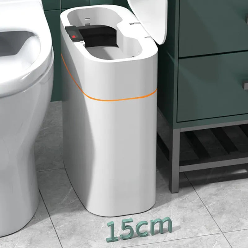White smart dustbin with automatic sensor lid open, showing 16L capacity.