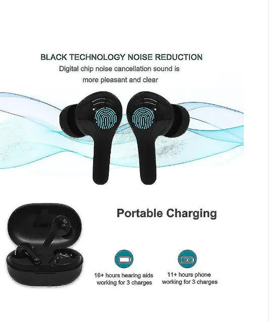 Rechargeable charging bin digital hearing aid in black on charging bin