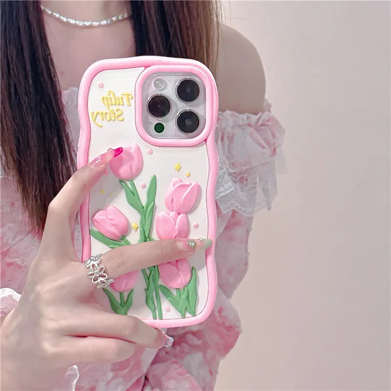 3D silicone tulip phone case in pink colour matching frosted finish for iPhone