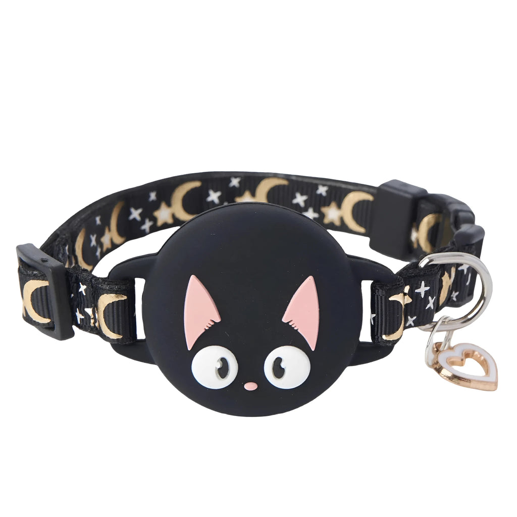 Pink adjustable cat collar with built-in white Apple AirTag protective case on a table.