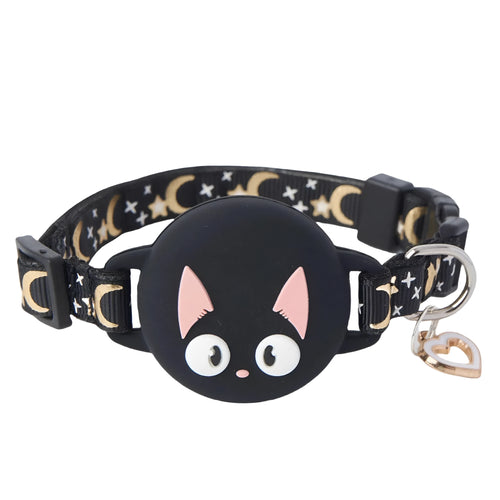 Pink adjustable cat collar with built-in white Apple AirTag protective case on a table.