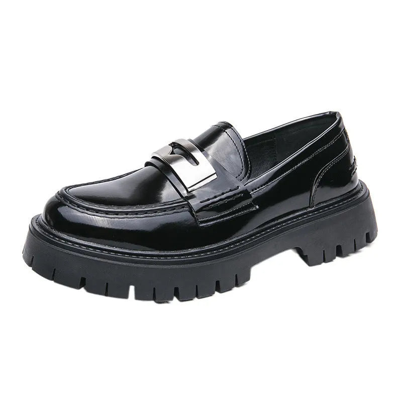 Men's glossy black platform loafers with hidden low heel for summer wear