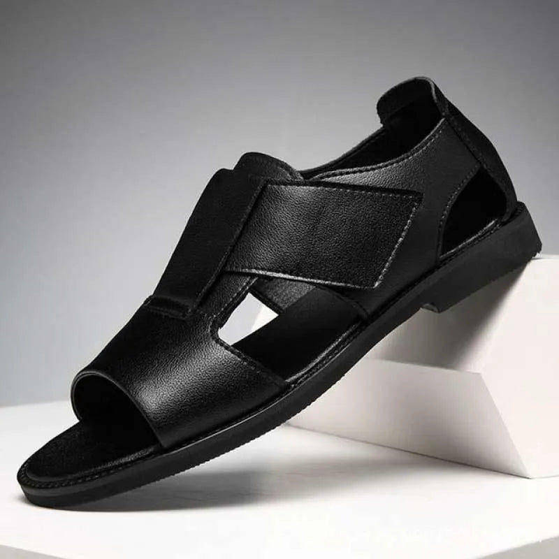 Men's black and brown casual sandals with open-toe design and rubber sole