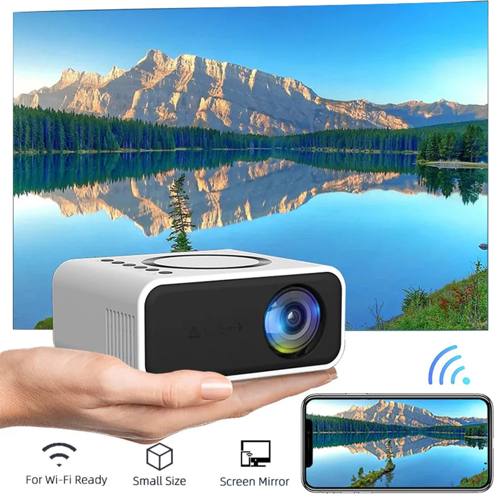 Black or white YT300 portable mini HD projector with remote control on a table.