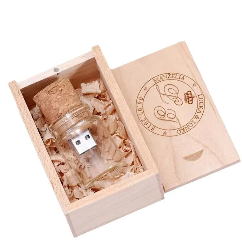 Wooden wish drift bottle shaped USB flash drive with transparent casing showing 60mm length.