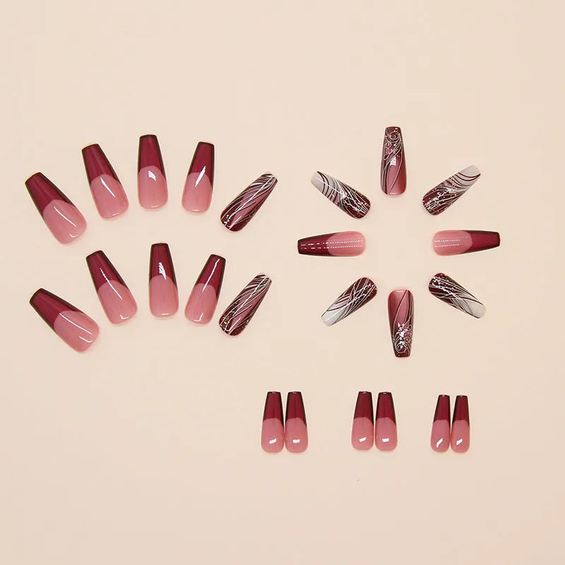 W1620 French line pattern fake nails and glue on a white background