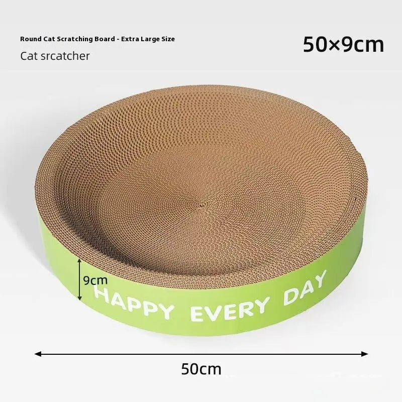 Green round cat nest with integrated scratching surface, shown in 50cm and 55cm sizes.