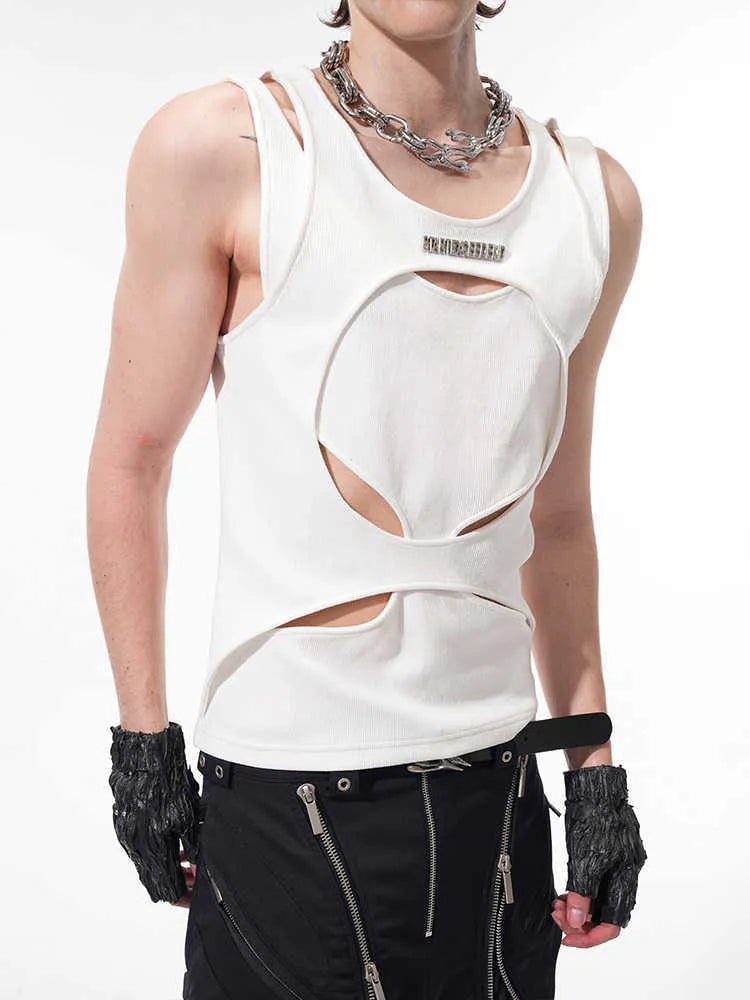 Men's black sleeveless waistcoat vest with white hollow thread stitching and a round neck, laid flat.