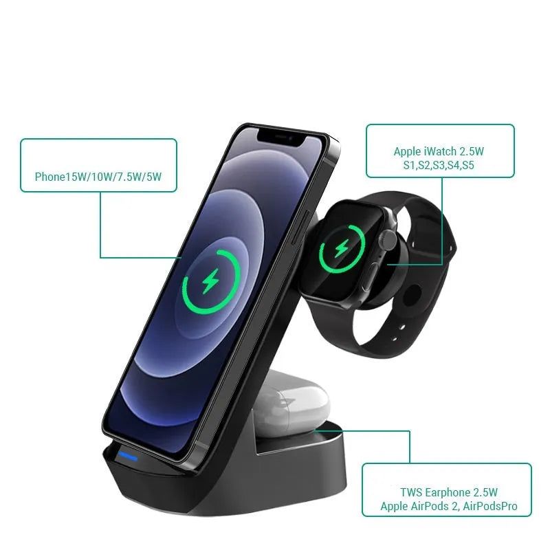 Black-grey foldable 3-in-1 wireless charger stand holding a phone vertically with a watch and earbuds charging on base.