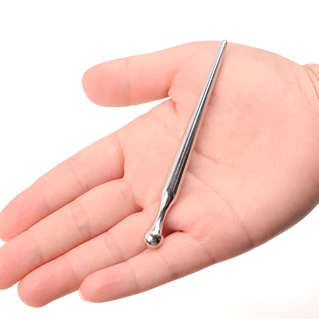 Silver stainless steel urethral horse eye stick with eight round metal beads measuring 8cm length