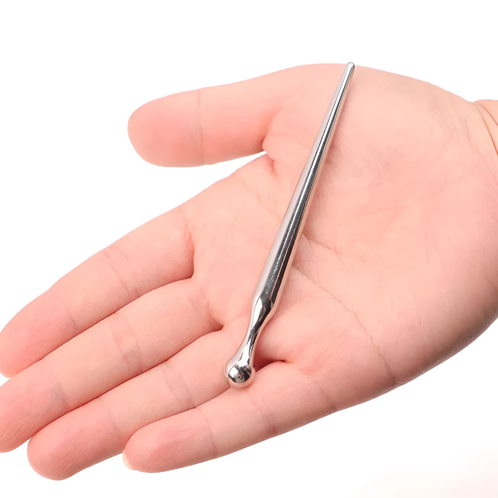 Silver stainless steel urethral horse eye stick with eight round metal beads measuring 8cm length