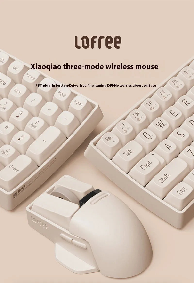Tofu-coloured three-mode wireless mouse with ergonomic design on a desk.
