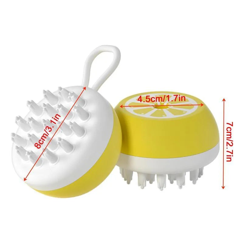 Blue dog shampoo brush with silicone bristles showing 3-in-1 bath tool design