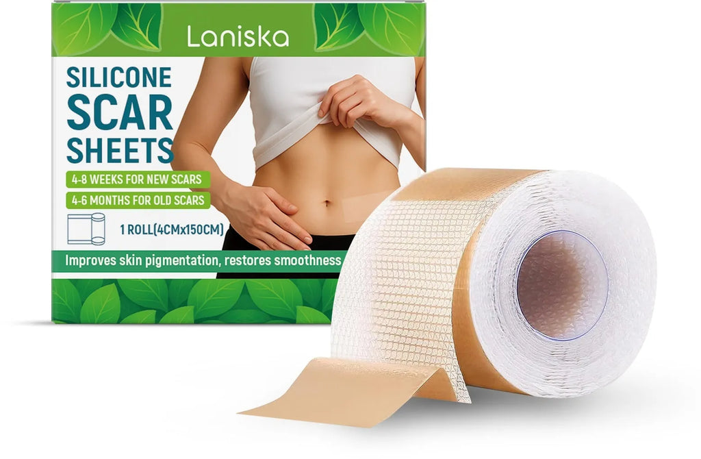 Roll of silicone scar sheets showing tea tree oil and aloe extract formula with 4cm width measurement