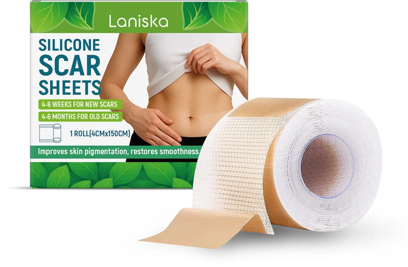 Roll of silicone scar sheets showing tea tree oil and aloe extract formula with 4cm width measurement