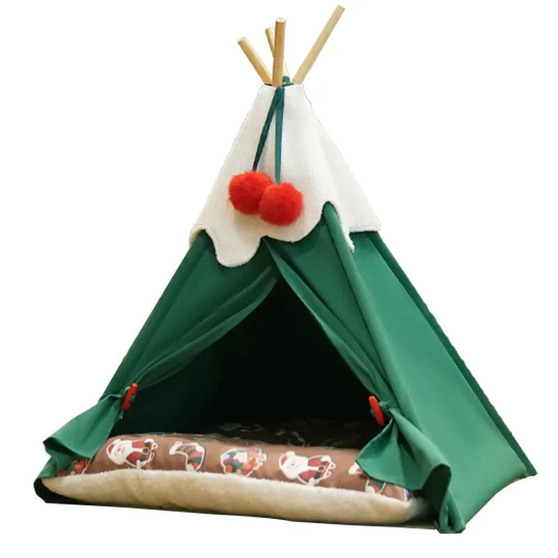 Semi-closed thickened cloth cat house for winter, shown in brown mat and white mat colours.