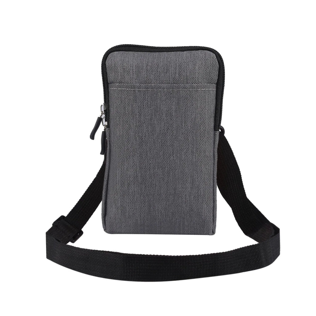 Solid colour waterproof neoprene cross body waist bag shown in available colours: black, rose red, sky blue, dark grey, milky white, orange.