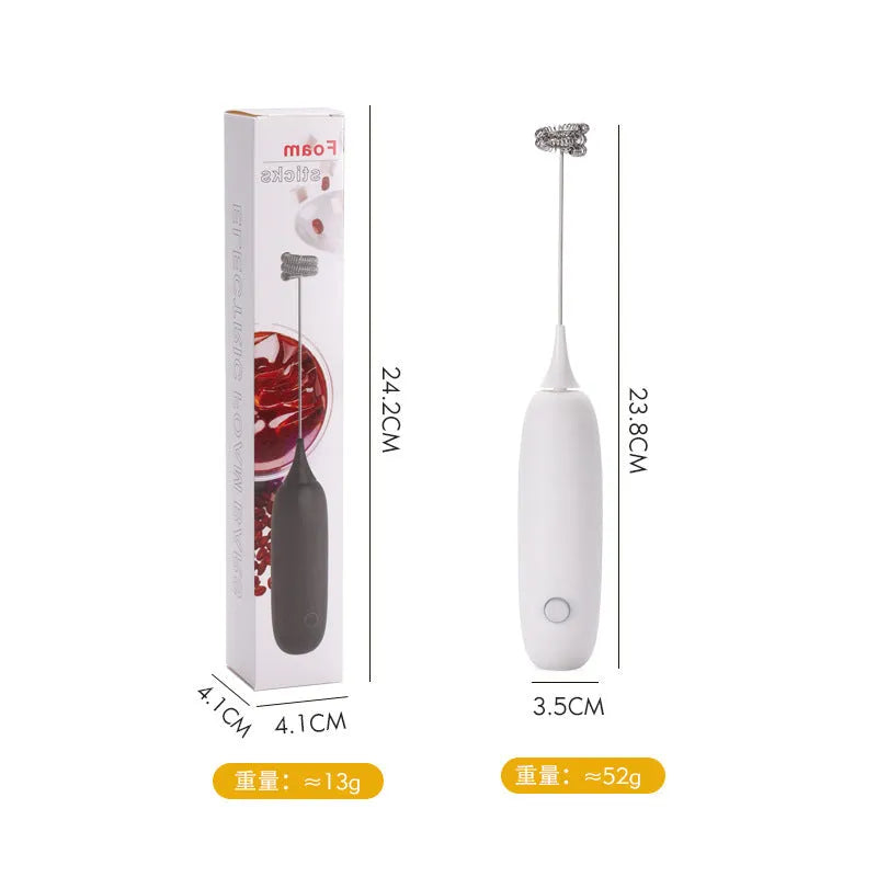 Black and white handheld electric milk frother and blender with modern design