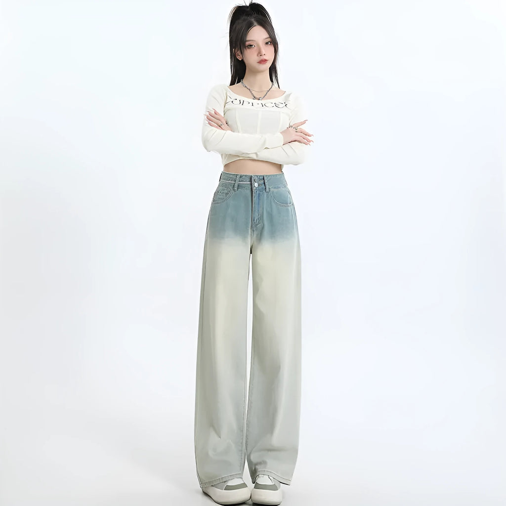 Women's gradient blue wide-leg straight-leg cotton denim trousers on a hanger.