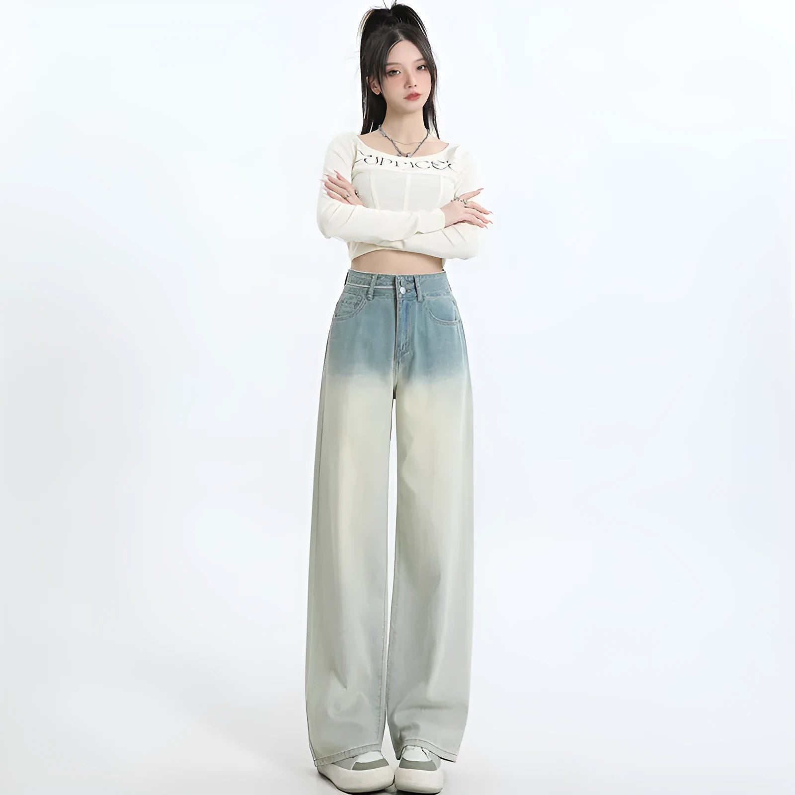 Women's gradient blue wide-leg straight-leg cotton denim trousers on a hanger.