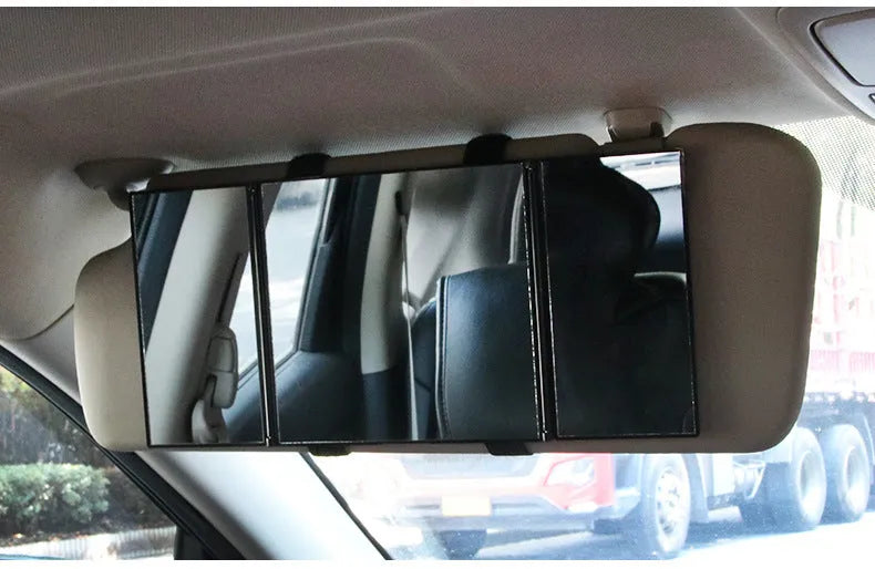 Silver car folding makeup mirror shown closed and opened, with ABS plastic frame and glass mirror.