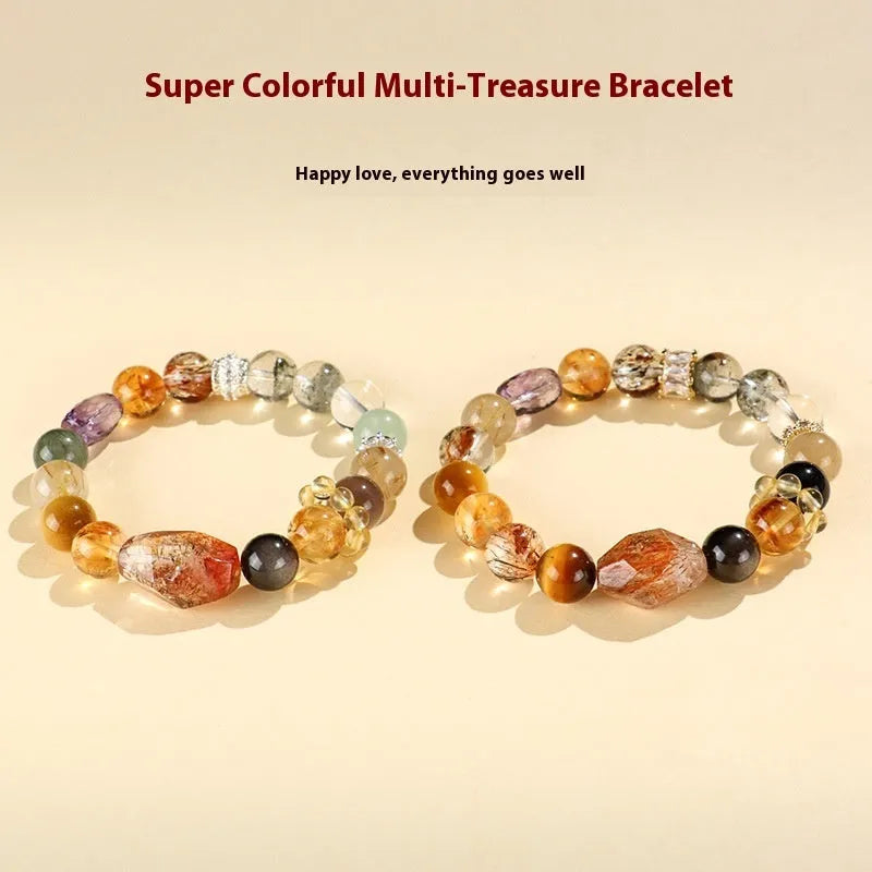 Adjustable black and gold crystal bead bracelet with natural multi-coloured stones on gold-finished settings
