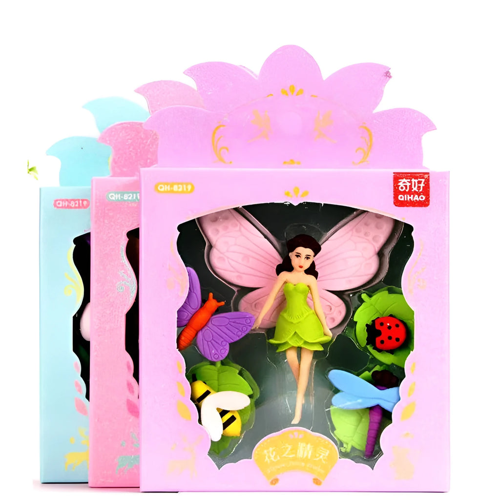 Flower Fairy eraser suit set with 12 cartoon character pencil erasers in Flower Fairy and mermaid designs