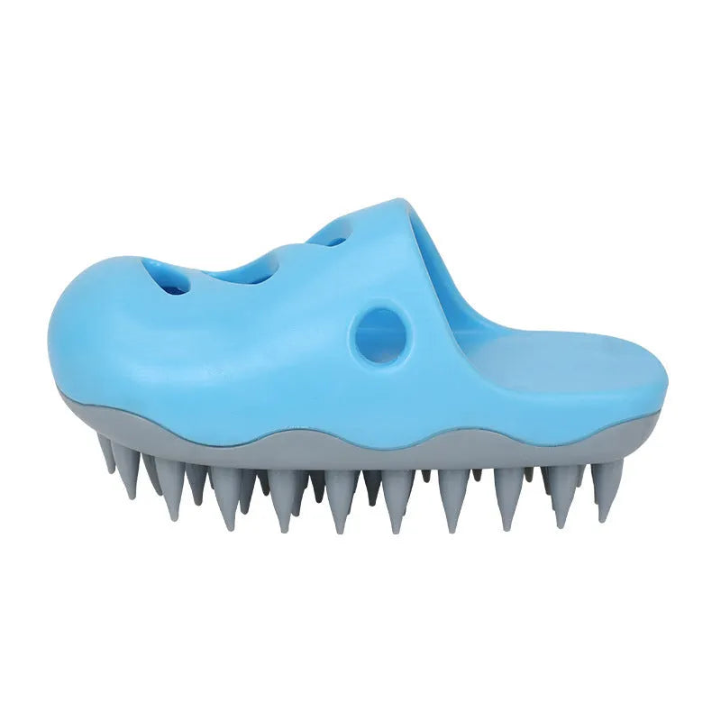 Blue and yellow TPR dog bath massage brush with three head pattern options for pet grooming