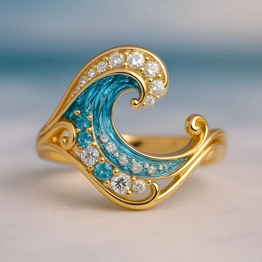 Gold colour zinc alloy ring with micro inlay spray HAILANG series pattern, shown in UK size options