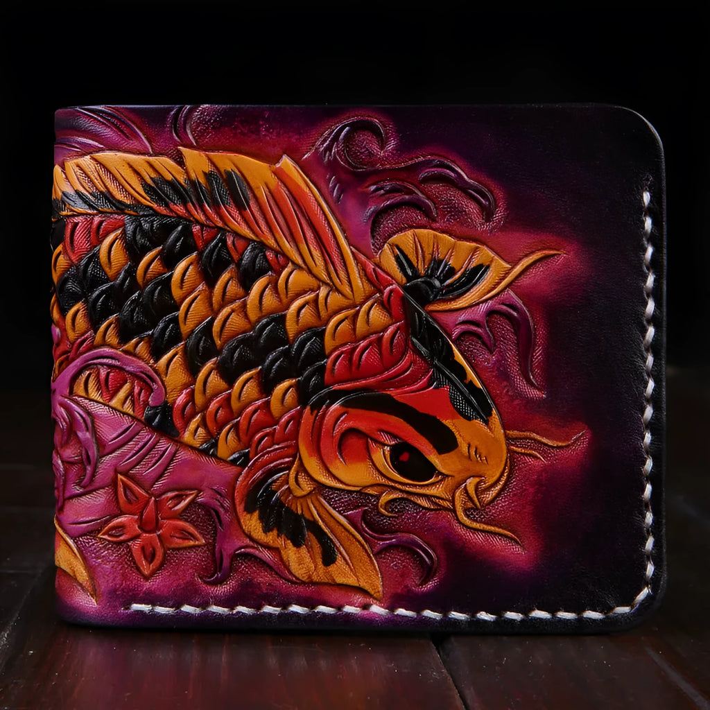 Men's hand-carved cow leather short wallet in blue, showing card slots and compact size.
