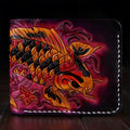 Men's hand-carved cow leather short wallet in blue, showing card slots and compact size.