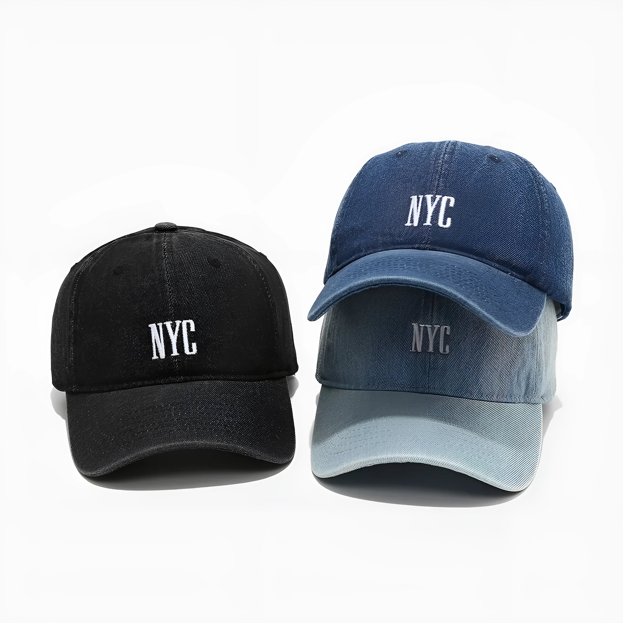 Adjustable denim peaked cap with a dome crown and a large English letter design on the front.