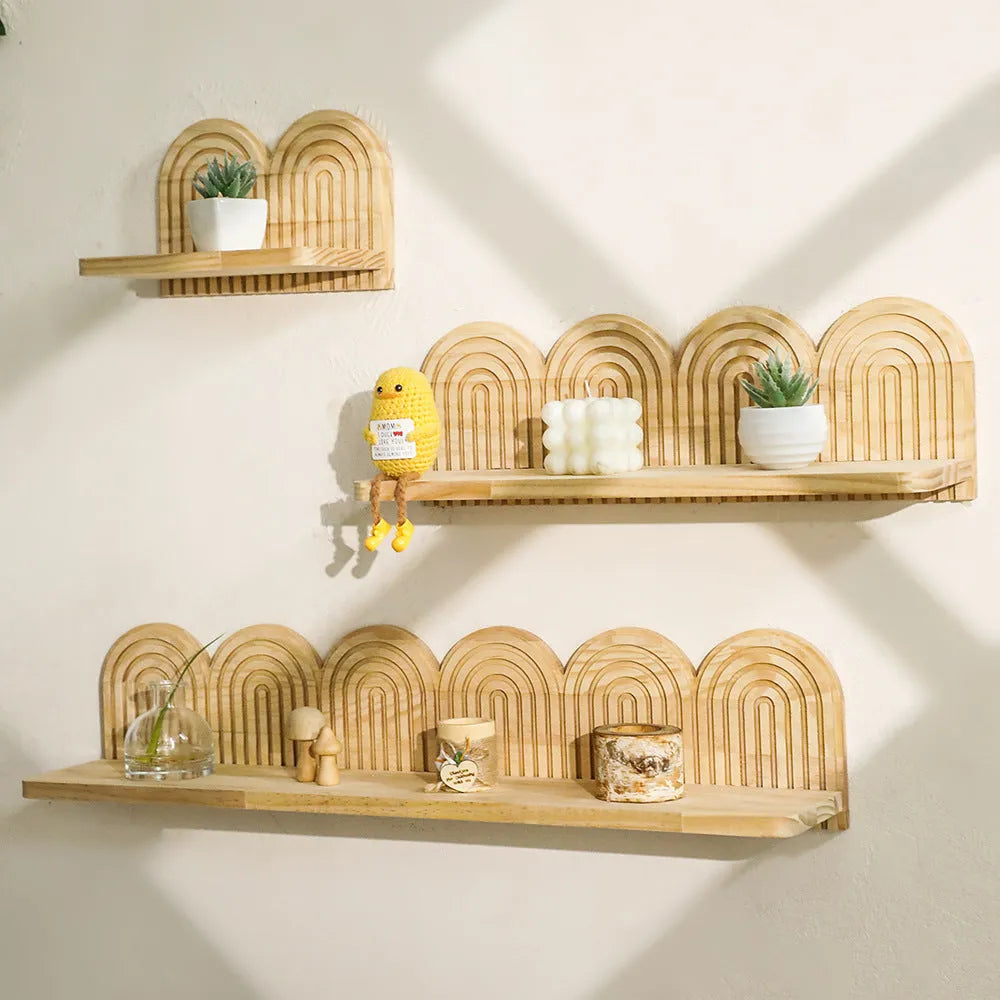 Natural wood wall rack with multiple tiers for displaying potted plants vertically