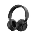 Red sports wireless Bluetooth headset on a grey background showing earcup and headband.