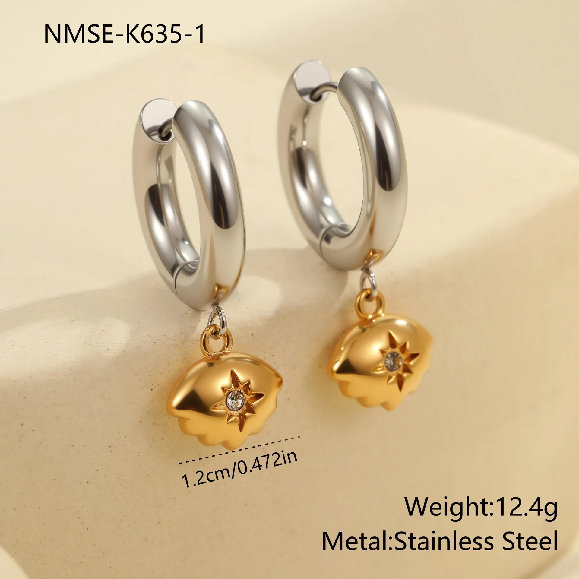 Women's stainless steel earrings with 18K gold plating in heart, star, and Christmas tree shapes.