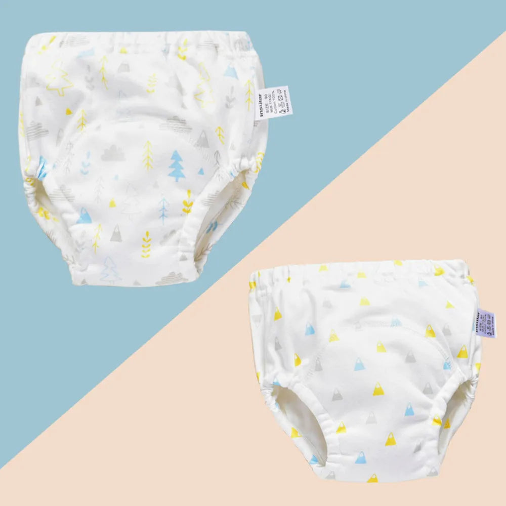 Baby training learning pants in cotton gauze with TPU waterproof layer, shown in panda print on white background
