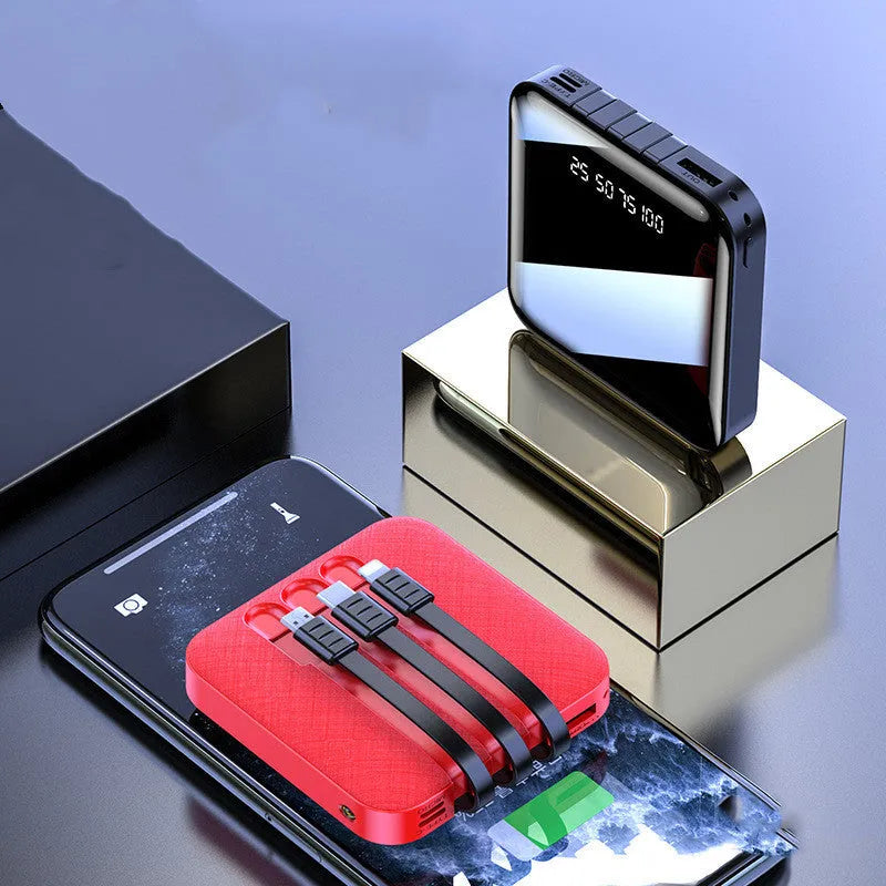 Black power bank with integrated charging cable showing compact 80x80x23mm dimensions