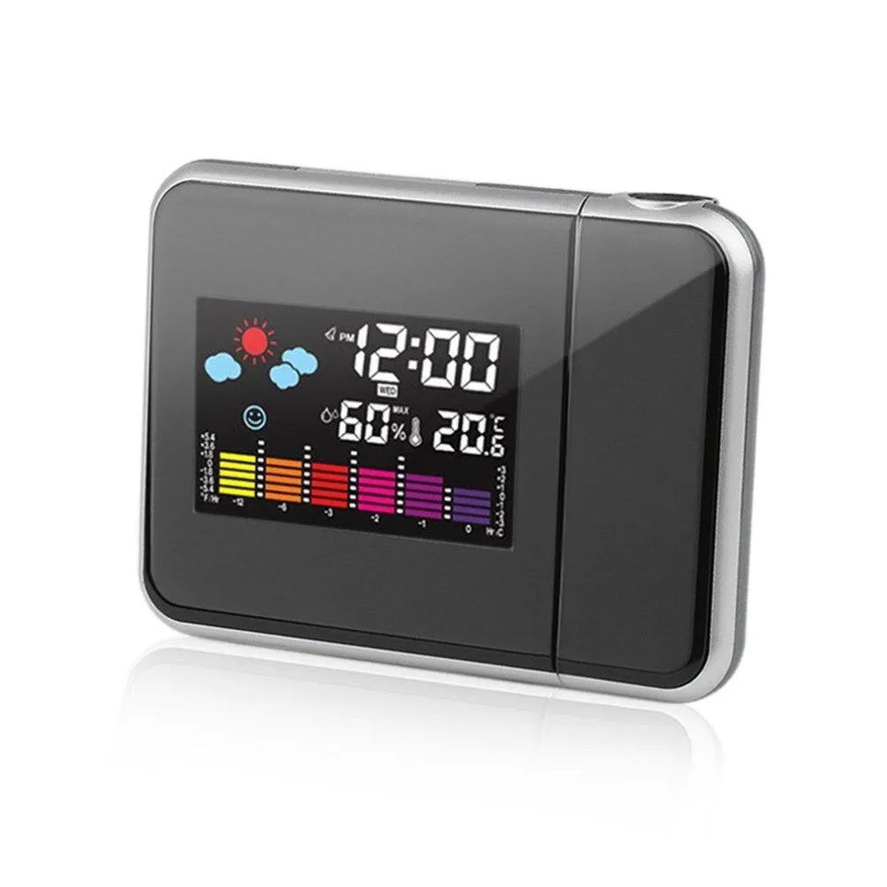 Black digital projection alarm clock showing time, temperature, and humidity on its display.