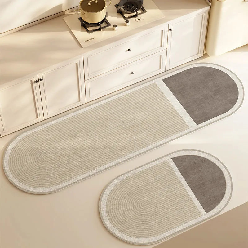 Household oval diatom ooze kitchen floor mat with stripe geometric pattern in Gu Chuan colour on tiled kitchen floor
