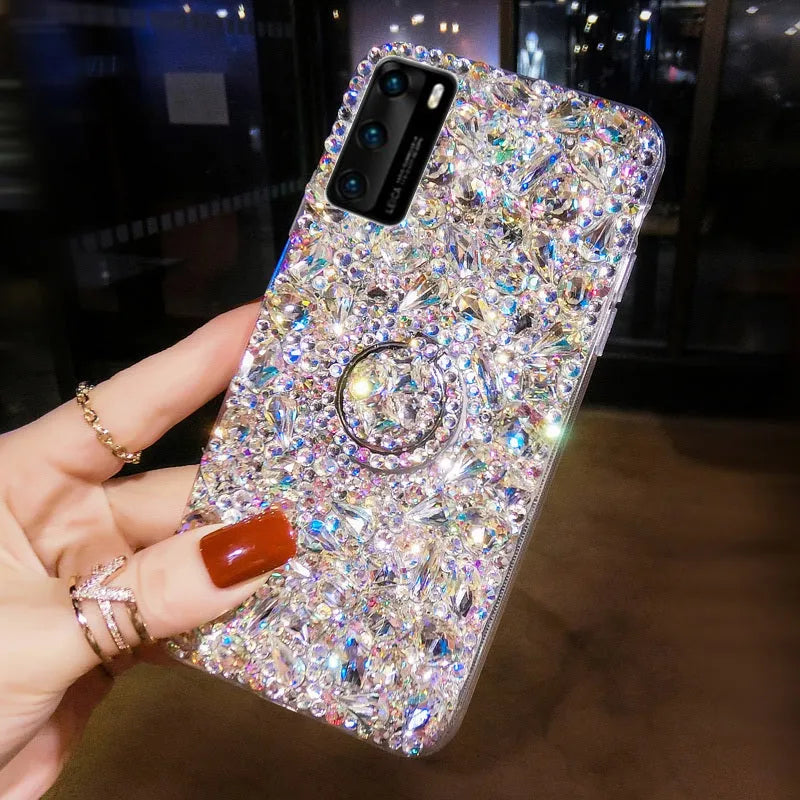 Clear acrylic Samsung phone case with colourful diamond decoration on a transparent bracket
