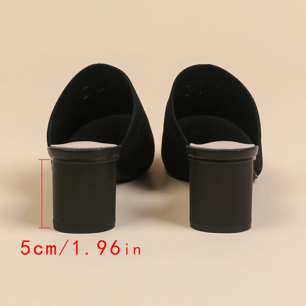 Women's pointed toe sandals with 5cm chunky heel in fabric construction with rubber sole